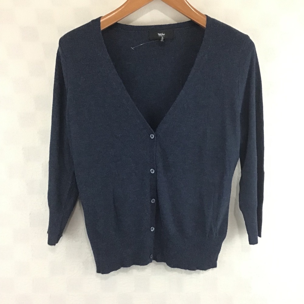 Mossimo Womens Dark Navy Blue V-Neck Button Front Cardigan Sweater L 3/4 Sleeve